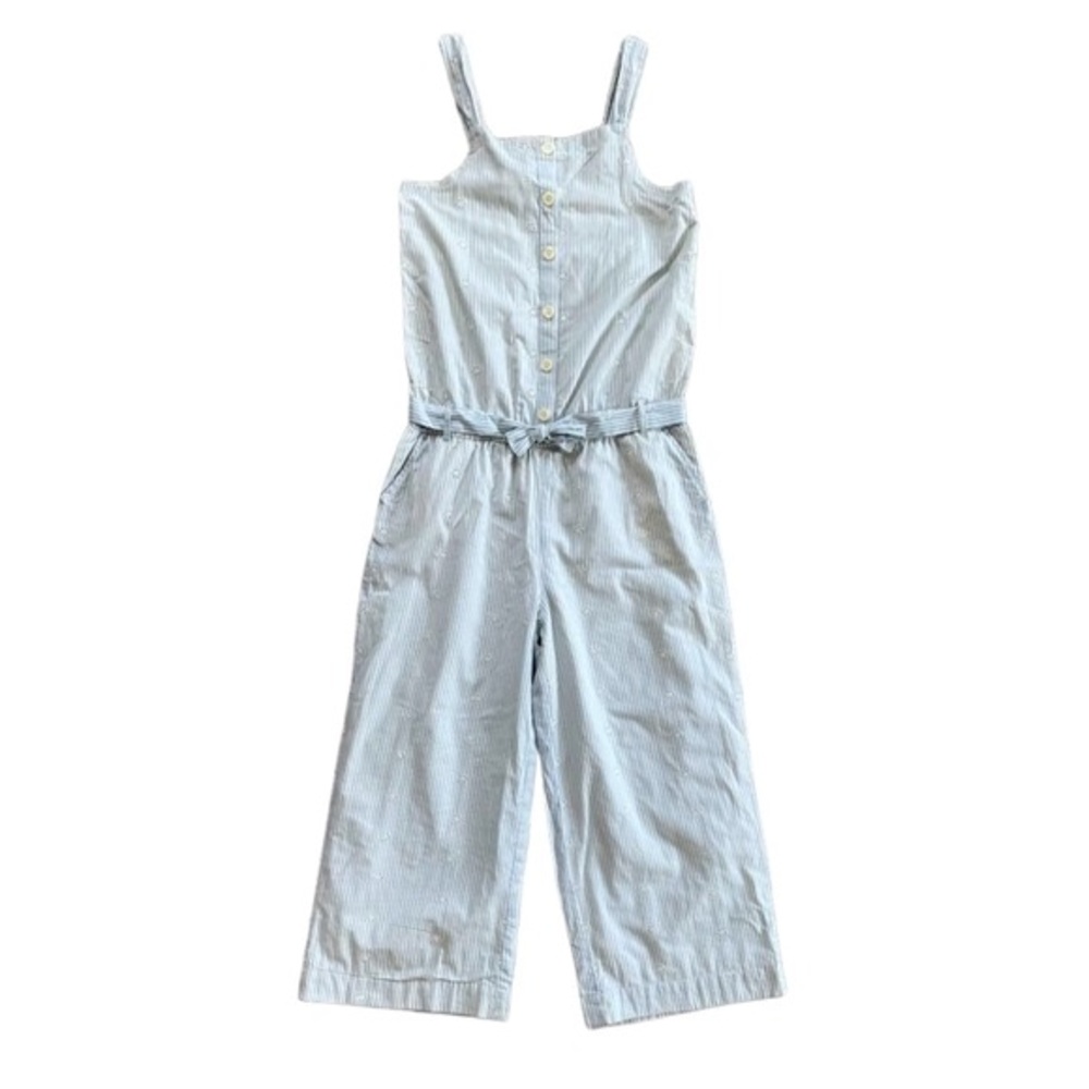 Girls GAP KIDS Blue/White striped eyelet Partial Button Sleeveless Romper